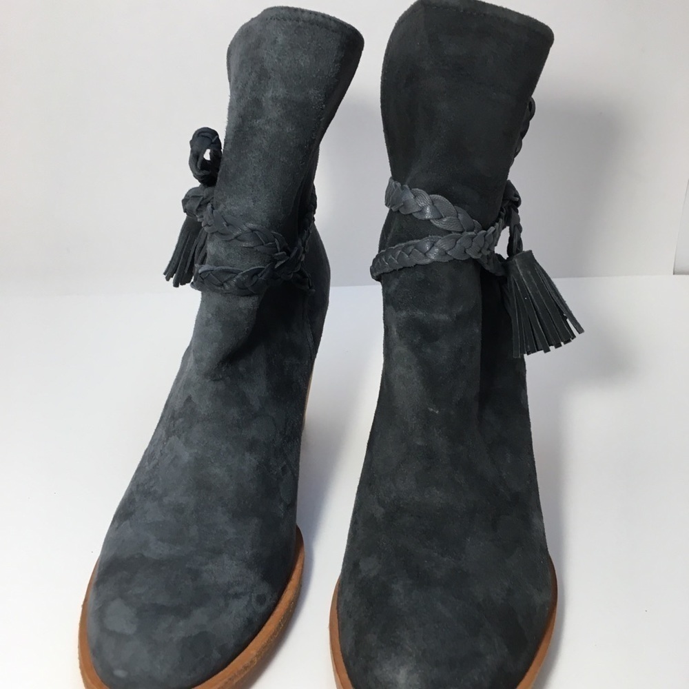 Anthropologie Huma Blanco Gray Suede Leather Ankle Boots Size 38 US 7 Braided - Picture 10 of 13